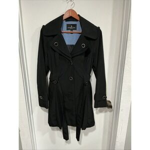London Fog Hooded, BeltedTrench Rain Coat, Black, Medium, Classic